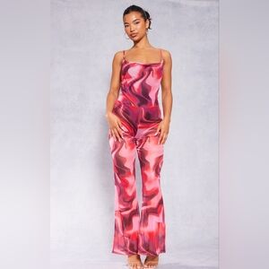 🆕 Pink Floral Print Cowl Neck Mesh Jumpsuit